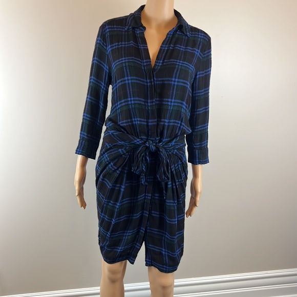 L'Agence Blue Flannel Plaid Kylie Tie Front Shirt Dress - Picture 5 of 9